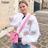 Bohemian Women Cardigan Tops three-dimensional Pattern Hand knitted Sweater V-Neck Puff Sleeve Loose Winter Sweaters