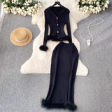 High-End Small Fragrant Style Two Sets Of Women's Atmosphere Knitted Open Fork Shirt