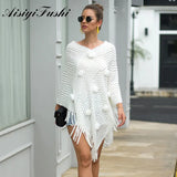Hairball Knitted Women Sweater Autumn Winter Shawls Ladies White Pullover Knitted Shawl Outwear Cape Poncho