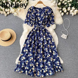 Ruffles Boho 2022 O Neck Summer floral print long split Dress Party Women high waist dress beach holiday tunic