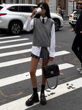 Women's College Style V-Neck Folded Loose Sleeveless Knitted Vest