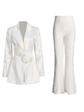 Toloer Casual Suit Autumn 2024 New Flower Splicing Long Sleeve Suit Jacket Nail Bead Micro La Straight Pants-Outfit