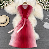 Spring Autumn Women Gradient Red/Green/Purple Pleated Midi Dress Female Vintage O-Neck High Waist Draped Loose Vestidos New
