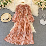 Autumn Women Printed Long Dress Vintage Ruffle Stand Collar Puff Sleeve High Waist Elegant Maxi Robe Female Big Swing