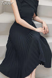 Fashion Women's Dress New Solid Color Slim Sloping Shoulders Turn-down Collar Pleated Dresses Female Summer 2023