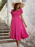 Midi Dress Women 2023 Summer Square Collar Puff Sleeve Split Dress Woman Elegant Slit Dress Boho Beach Wear