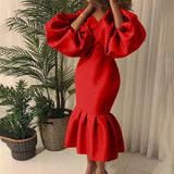 African Large-Size Women's Fashion Pure-Color V-Neck Bubble Long-Sleeved Fishtail Skirt