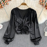 Spring Autumn Sexy Satin Blouse Women Elegant V-Neck Twist Lantern Long Sleeve Party Tops Female Elegant Gold/Black Blusas