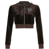 Pink Sweet Velvet Y2K Hooded Jackets Diamond Heart Kawaii Hoodies Women Zip Up Long Sleeve Cropped Sweatshirts