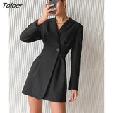 Sexy Black Notched Collar Office Bodycon Dress Long Sleeve Shirt Dresses Women Solid Casual Mini Fit and Flare Dress