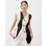 Women Loose Fit Black Color-block Irregular Casual Vest New V-collar Sleeveless Fashion Tide Spring Autumn 2023