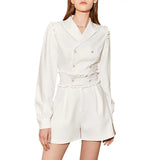 Sweet Beige Playsuits For Women Notched Collar Long Sleeve High Waist Playsuit Female Fashion Clothing Style