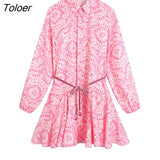 Women Sweet Totem Floral Print Big Swing Mini Shirt Dress Female Chic Lantern Sleeve Casual Slim Lace Up Vestidos