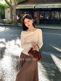 Xixi 2025 Autumn New White Tidaught Flower Oblique Shoulder Knit Shirt Long-Sleeved Top Sweater Women