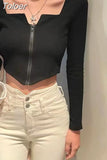 Blusas Mujer De Moda Crop Tops Korean Y2k Clothing Square Collar Long Sleeve Zipper T-shirts Women Sexy Fashion