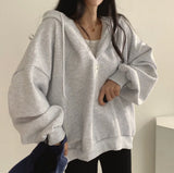 V-Neck Solid Color Oversized Hoodie-Outfit