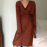 Women Beige Bandage Big Size Midi Shirt Dress New V-Neck Long Sleeve Loose Fit Fashion Tide Spring Autumn 2023