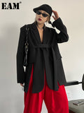 Women Gray Ribbon Slit Big Size Blazer New Lapel Long Sleeve Loose Fit Jacket Fashion Tide Spring Autumn 2023