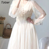 Elegant Summer Dress Women Party Lace Mesh White Dress Female Puff Sleeve V-Neck Sexy Long Dresses For Women Vestidos