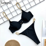 Sexy Black White Push Up Women Chain Straps Bikini Set Beach Wear Swimsuit Brazilian Swimwear Bathing Suit Bikinis