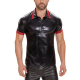 Toloer Men's Sexy Soft Matte Leather Vest Bright Leather Short Sleeve T-Shirt Size Accurate No Smell-Outfit