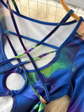 Fashion Women Tie Dye Print Bodysuits New Spring Summer Strappy Lace-up Hollow Out Long Sleeve Slim Bodysuits Body