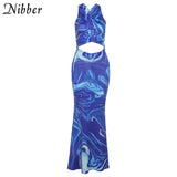 Y2k Sexy Beach Bodycon Dresses Women Hollow Out Off Shoulder Backless Print Tie Dye Blue Maxi Dresses 2021