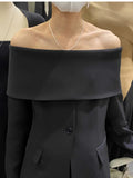 Fashion Women's Blazer New Slash Neck Slim Single Breasted Off Shoulder Long Sleeve Black Suit Jackets Autumn 2023