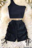 Casual Women 2 Piece Set Solid Summer Fashion One Shoulder Sleeveless Crop Top and Drawstring Shorts Workout