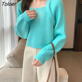 Women Pullovers Elegant Ladies Spliced Designed Solid Color Tender Square Collar Sweaters Retro Puff Sleeve Knitwear Cropped