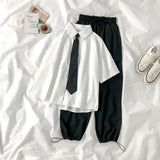 White Shirts Women with Tie Japanese Style Preppy Students BF Simple Solid Loose Summer Top Daily Streetwear