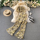 Bohemian Floral Two Piece Set Women Sexy Slash Neck Spaghetti Strap Short Tops + High Waist Wide Leg Pants Pleated 2pcs Suit