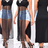 High Split Dress Black White Sexy Evening Party Clubwear Chiffon Mesh Dress Female Vintage Boho Dress