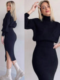 Elegant Knitted Dress 2 Pieces Set Long Sleeve Cropped Sweater And Slit Dress Suits Female Sexy Soft Pullover