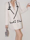 Fashion Women's Jacket Loose Notched Collar Full Sleeve Double Breasted Black Stripe White X-long Blazer 2023 New