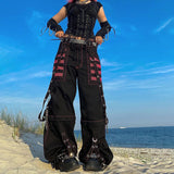 Retro Dark Wind Cool Weaving With Chicken Eye Chain Casual Pants Bump Striped Splicing Wide Leg