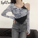 Mesh Asymmetrical Yamamoto sleeve T-Shirts Women Sexy Cute Slope Neck Ruffles Fashion Tide Autumn Crop
