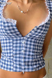 Gingham Crop Tops Summer Y2k Clothes Women Lace Trim Button Up Square Neck Backless Tank Top Cute Girls