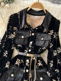 Fashion Temperament Velvet Woman Dress Cute Bear Print Lace-up Waist Long Sleeve Short Dresses Women Button-up