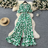 Dress Holiday Wear Chic Light Leisure V Collar Short Sleeves Tight Waist High Waist Thin Leg Print Jump