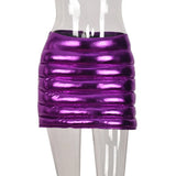 Sisterlinda Shiny Padded Women Y2K Mini Skirts Summer Casual Sliver Zip Elastic Hip Skirts Lady Party Clubwear Streetwear