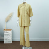 Loose Women Trouser Suits Short Sleeve Shirt With High Wasit Pants 2 Piece Sets Spring Pleated Elegant Brown Lady