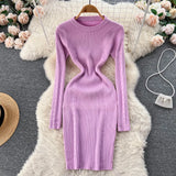 Women Striped Midi Sweater Dress Long Sleeve Elastic Waist Slim Warm Dress Fashion 2022 Ladies Thick Knitted