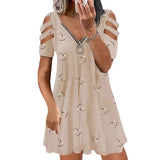 Wish Women's V-Neck Zipper Printed Short Sleeves Relaxed Casual Lavender