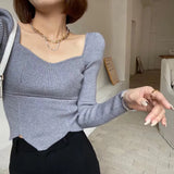 Collar Slim Knitted Tops Women 2022 Autumn Temperament Pullover Basic Sweater Long Sleeve Stretch Cropped