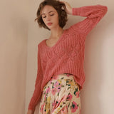 Georgia Mohair Jumper Woman Long Puff Sleeve Deep V Neck Chic Knitted Sweater Ladies Autumn Winter Elegant Vintage Pullover