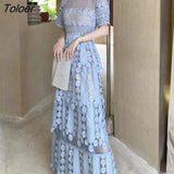 Blue Lace Maxi Dress Patchwork High Waisted Elegant Party Long Dresses Runway Design Short-sleeve Women Clothing