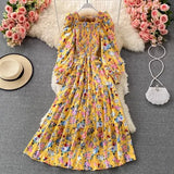 Spring Autumn Bohemian Vacation Beach Long Dress Women Elegant Square Collar Lantern Long Sleeve A-Line Vestidos Casual Robe