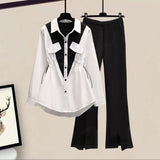 Pleated Waist Panel Chiffon Shirt Casual Wide Leg Pants Two Piece Elegant Women's Pants Set Summer