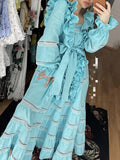 Vintage Solid Long Dress For Women Slash Neck Flare Sleeve Patchwork Edible Tree Fungus Cut Out Dresses Female 2023